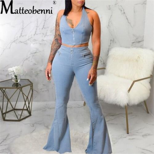 Summer Fashion Pockets Zipper Denim Women Two Piece Set Sleeveless Deep V Neck Crop Top And High Waist Long Flared Pants SMR9361