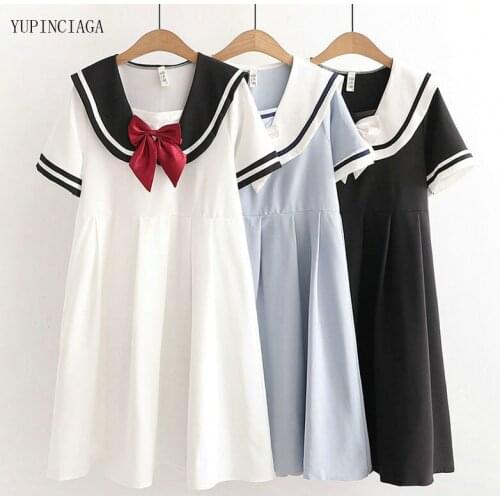 Japan Style 2021 Summer New Women Contrast Color Peter Pan Collar Bow Mid-Length Dress Female A-Line Dresses 2114521