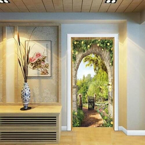 3D Doors Italian Arch Flowers Landscape Corridor Door Background Decorative Pvc Wall Sticker Home Bedroom Living Room Decor
