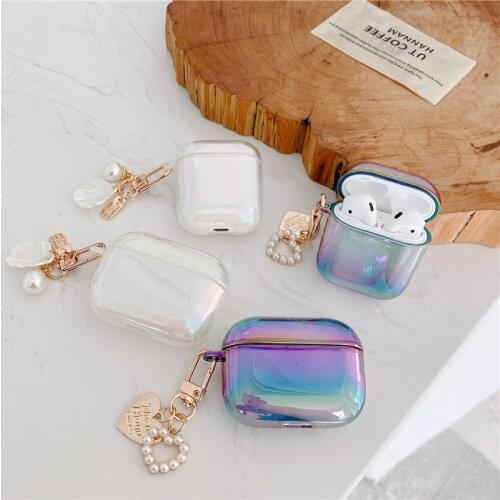 3D Rainbow Transparent Love shell keychain Headphone Earphone hard case for airpods 1 2 pro Wireless Headset Accessories cover