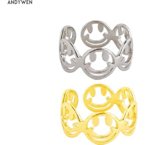ANDYWEN 925 Sterling Silver Smile Resizable Rings Plain Gold Luxury Women Open Love Adjustable Fine Jewelry For Wedding