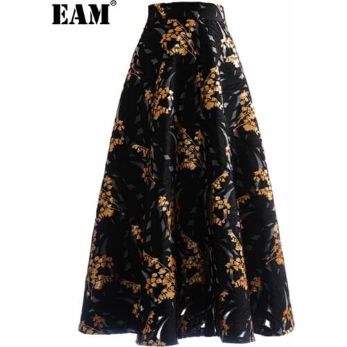 [EAM] High Waist Black Jacquard Embroidery Long Zipper Half-body Skirt Women Fashion Tide New Spring Autumn 2021 1DD6411