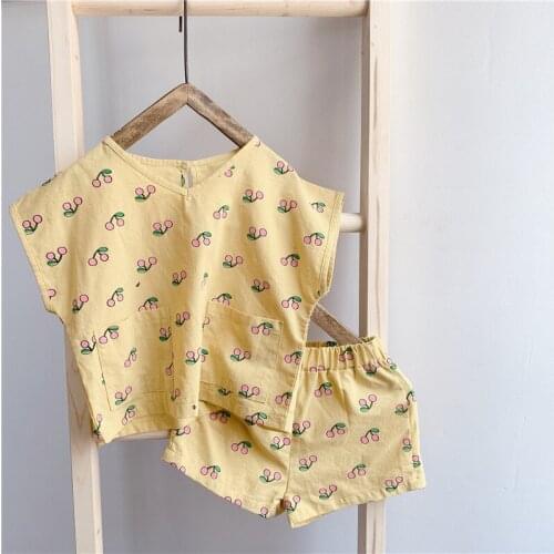 Girls baby summer clothes outfit sets kids cherry top t shirts + shorts suits for girls baby clothing 1 year birthday cotton set