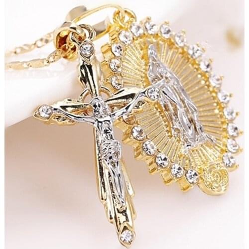 Exquisite Gold Plated Cross Crucifix Necklace + Virgin Mary Necklace Jesus Faith Chain Necklace Men Women Anniversary Jewelry
