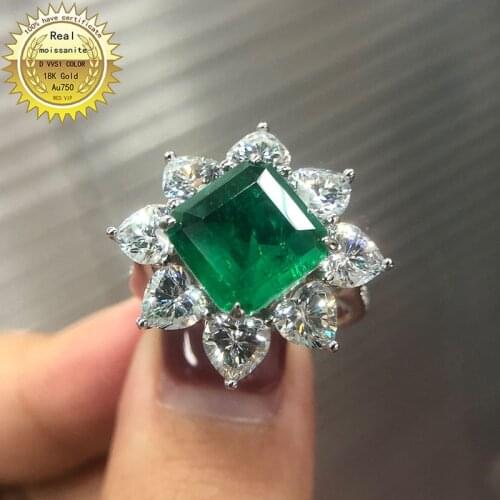 9K Gold Lab Created 3ct Emerald and 2ct Moissanite Diamond Ring With national certificate Em-002