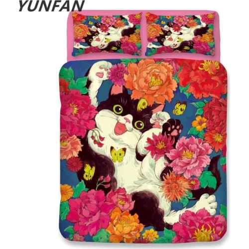 Flowers Cat Bedding sets twin queen king Quilt Cover cute Pillow Case single double girls duvet cover set cartoon bedclothes