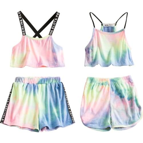 Fashion Girls Gradient Clothes Set Summer Sleeveless Toddler Kids Letter Straps Tank Vest+Short Pants Children Sport Tracksuits