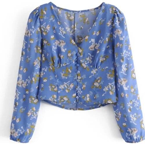 Merodi Women Fashion Floral Print Spring V-Neck Blue Short Shirt Tops Chic Lady Casual Single Breastd Long Sleeve Slim Blouse