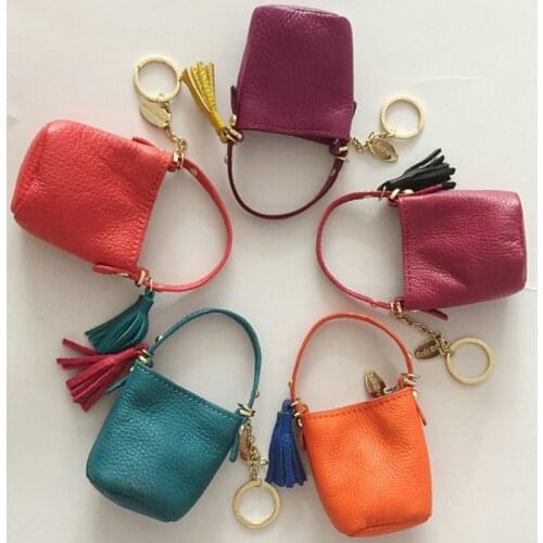 Genuine Leather Handmade Mini Bag Keychain Duffel Women Coin Purse Cute Girl Bag Accessory Tassel Phone Pouch Crossbody Monogram