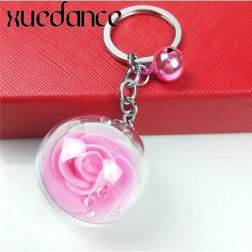 Fashion Rose Flower Crystal Keychain Trinket Metal bell Car Key chain Girl Gift Women Bag Charm Key ring Keys pendant