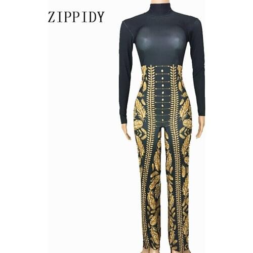 Fashion Gold Leaves Pattern Jumpsuit Rhinestones One Piece Big Legs Stretch Costume Womens Party Rompers Stage Singer Bodysuit