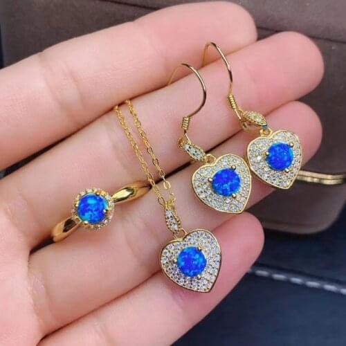 New Coming Blue opal Natural Opal jewelry set Natural Real Blue Opal 925 sterling silver 1pc pendant,1pc ring,2pcs Earring