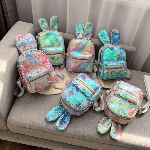 Girls Sequins Backpack Student Rabbit Ears Shinny School Bags Teenage Cute Large Capacity Backpacks Childrens Book Travel Bag