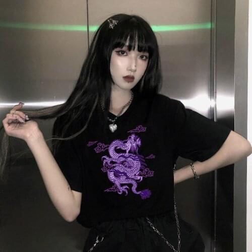 Streetwear hip hop tops Ulzzang Harajuku vintage Chinese dragon print Summer loose Gothic punk chic casual loose women T-shirt