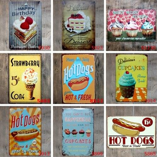 20x30cm Vintage Cake Hamburger Metal Tin Signs Hot Dog Bakery Food Retro Poster Home Decor Wall Art Painting Plaque YN061