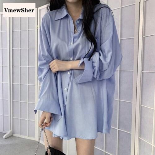 VmewSher New Spring Autumn Women Shirts Buttons Blue White Blouse Femme Long Sleeve Loose Oversized Blouses Tops Casual Blusas