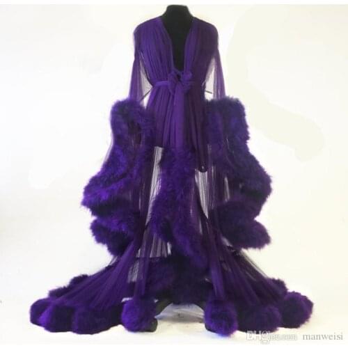 2020 Fur Women Robe Long Sleeve Sexy Purple Nightgown Deep V Neck Ruffles Sleepwear Bathrobe Pajamas New Prom Bridesmaid Shawel