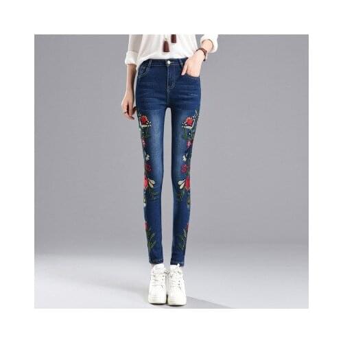 Women casual cotton embroideried pencil jeans high waist skinny denim pants plus size stretch jeans female trousers