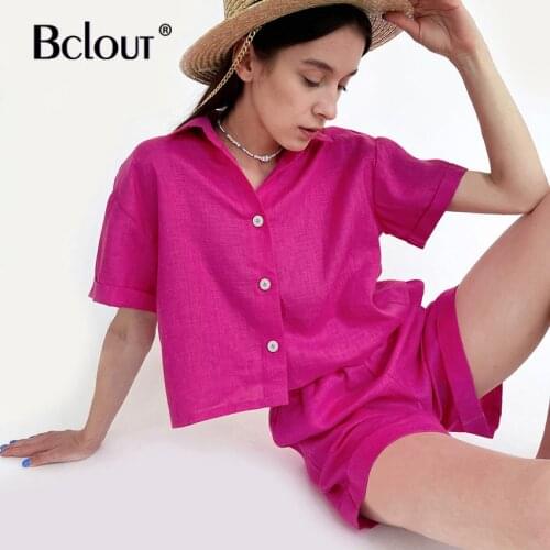 Bclout Pink Office Women Suit Button Up Shirt And Elastic Waist Shorts Two Piece Set 2021 Summer Casual Turn Down Collar Top