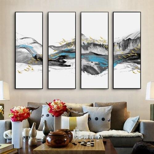 Gold foil bird artistic conception mountain decoration painting abstract ink quadruple vertical strips simple wall painting