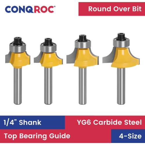 4 Pieces 1/4" 6.35mm Shank Wood Corner Round Over Router Bits with Bearing Tungsten Carbide Milling Cutters Kit