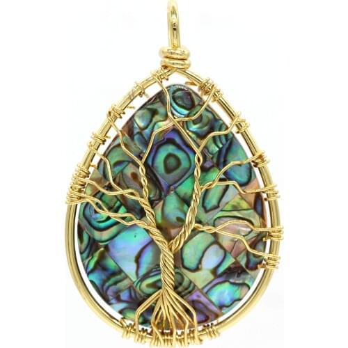 100-Unique 1 Pcs Light Yellow Gold Color Wire Wrapped Abalone Shell Pendant Water Drop Jewelry