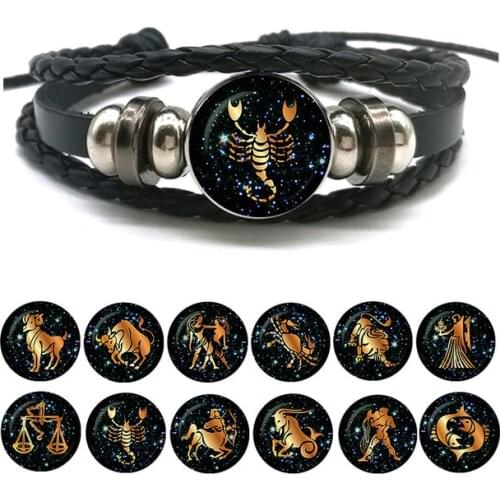 12 Zodiac Signs Leather Bracelet for Men Women Virgo Libra Scorpio Aries Taurus Braided Rope Bracelets Birthday Gift Wholesale