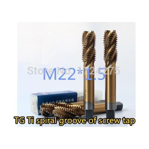 Free delivery 2PCS TG M22*1.5 yellow coated high speed steel machine taps spiral groove machine tap