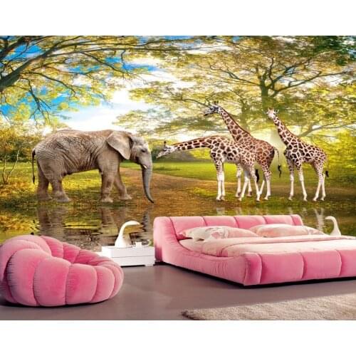 Free Shipping Custom 3D Mural Beauty Animal Elephant Giraffe Landscape Mural Living Room Bedroom Children Room Wallpaper