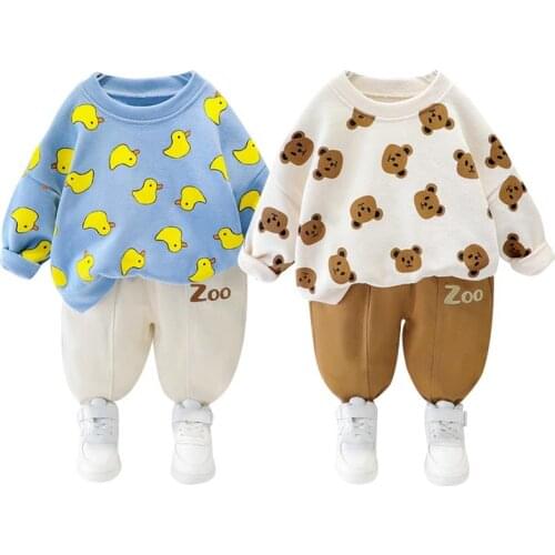 Children Boy 2021 New Spring Trend Cotton Suit Infant Cartoon Sweater Trousers Outing Set Baby Girl Full Print Coat Pants Outfit