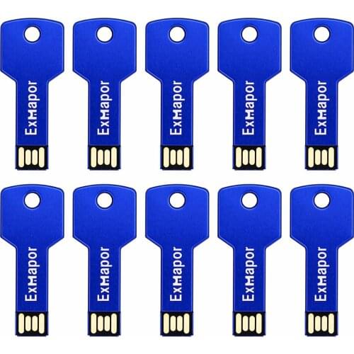 Exmapor Metal Key USB Flash Drive 4，8, 16, 32GB X 10 Bulk USB Memory Stick Jump Drive External Drives USB Stick USB Storage Blue