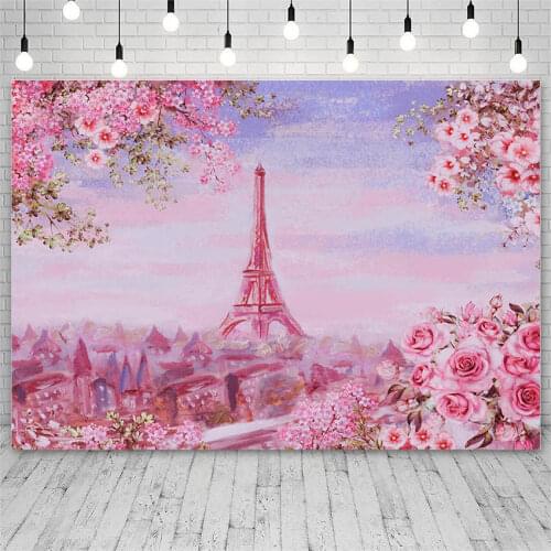 Avezano Photography Backdrops Hand Painted Eiffel Tower Pink Flowers Houses Backgrounds Photo Studio Photophone Photozone Decor