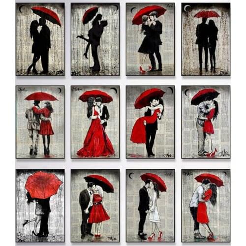 Graffiti Art Loving Couple Holding Red Umbrella Wall Art Canvas Painting Pictures Prints Poster Home Decoration for Living Room