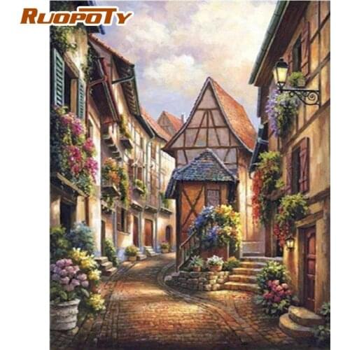 RUOPOTY 40x50cm Framed Picture By Numbers Kits For Adults Old Village Scenery Picture By Number Modern Home Wall Decor Picture