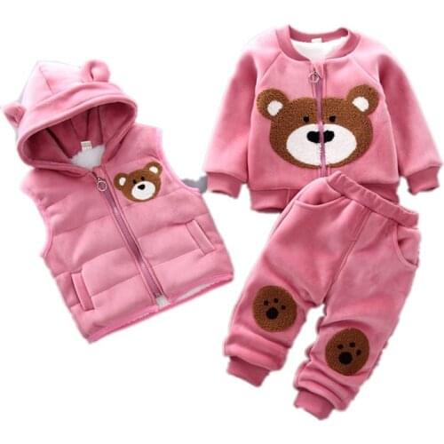 New Autumn Winter Children Clothing Set Baby Thickening Keep Warm Letter Hooded Cartoon Long Sleeve Pants 3 Pcs/sets Tracksuits