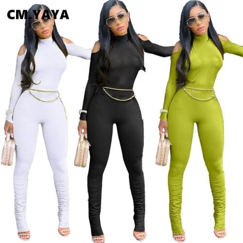 CM.YAYA Workout Activewear Zipper Romper Women Jumpsuit Chain Stacked Sporty Long Sleeve Fitness Bodycon Playsuits One Piece