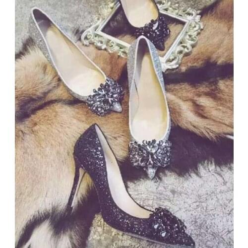 New fashion crystal high heel shoes sexy pointed toe silver glitter wedding pumps woman thin heels pumps black