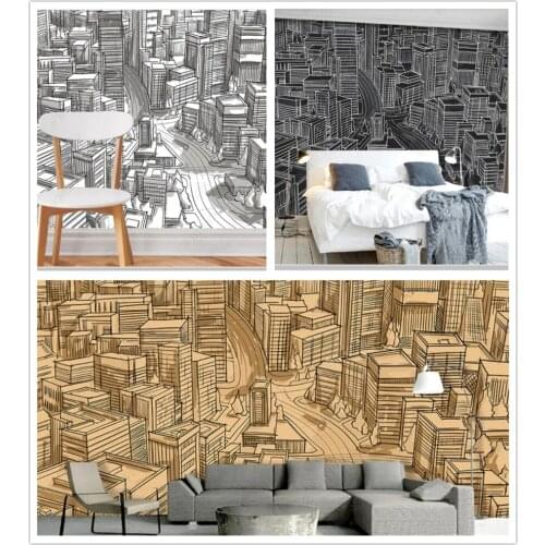 Papel de parede Hand drawn nordic sketch city buildings modern 3d wallpaper,living room bedroom home decor bar restaurant mural
