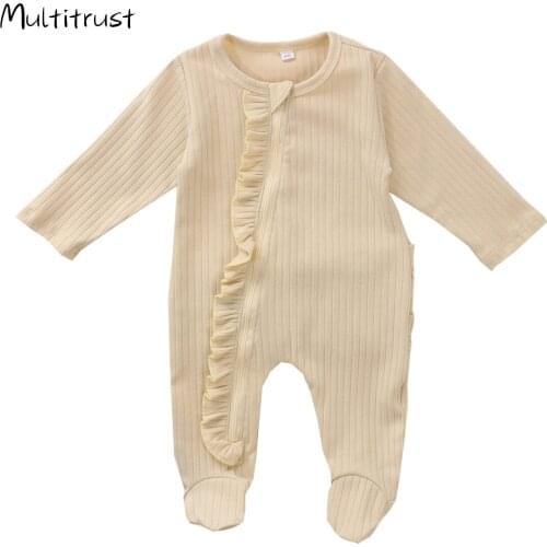 2020 Autumn Solid Newborn One-piece Footies Pajamas Infant Long Sleeve Round Neck Ruffle Nightclothes