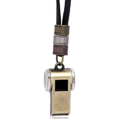 Fashion Vintage Casual Black Genuine Leather Chain Necklace Alloy Whistle Retro Pendants Adjustable Long Jewelry for Women Men