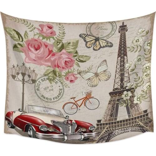Paris France Retro Style Eiffel Tower Butterfly Bike Tapestry Cover Beach Towel Picnic Yoga Mat Home Decoration