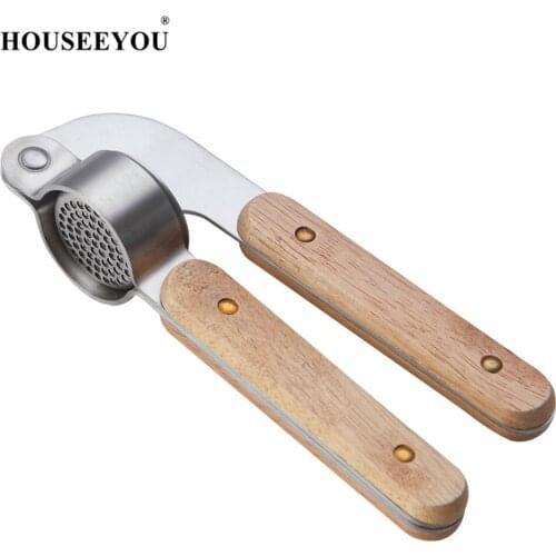 HOUSEEYOU 304 Stainless Steel Garlic Press with Wooden Handle Garlic Crusher Cutter Ginger Press Slicer Kitchen Vegetable Tools