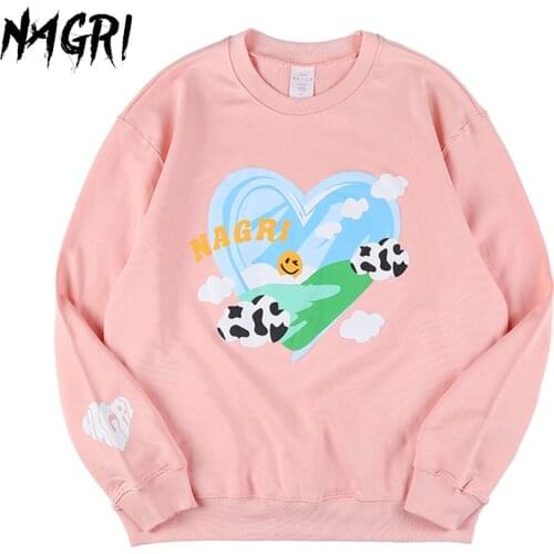 NAGRI Men Women Couple Hoodies Sweatshirt Kawaii Heart Print Casual Loose Jumper Japanese Korean Fashion O-Neck Pullovers