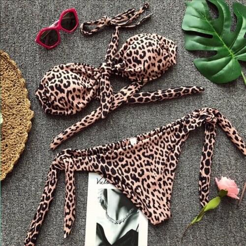 2019 Vintage biquinis 2pcs Sexy Leopard Dot print Women padded beach bathing set Bandeau Straps bandage Swimming maillot de bain