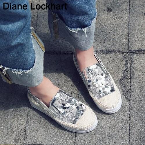 Womens Straw Platform Shoes Sequin Flats Woman Thick Bottom Flats Sandals Female Casual Fashion Mesh Single Shoes Summer Silver