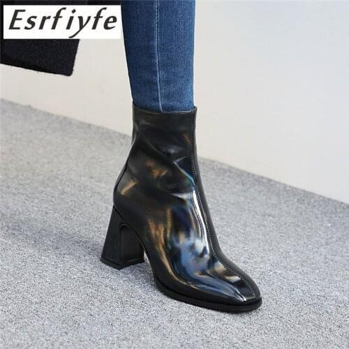 ESRFIYFE 2020 New Large Size Women Ankle Boots Outdoor Booties Woman Ankle Boots Solid Color High Heels Square Toe Shoes Woman