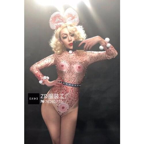 Women Pink Ice Cream Full Diamonds Sequins Tight Sexy Jumpsuit Bar Sexy Female Singer Dance Costume Party Celebration Birthday