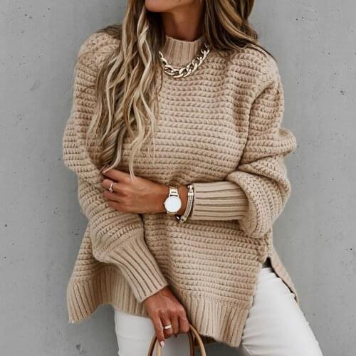 Women Autumn Winter Mock Neck Side Split Hem Long Puff Sleeve Sweater Pullover