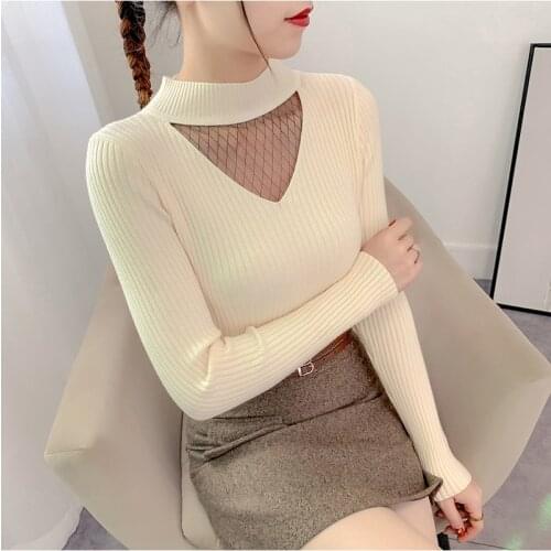 2020 Autumn Winter High Necked White Hollow Out Lace Long Sleeved Womens Knitwear Elastic, Soft, Fit And Warm Womens Sweater