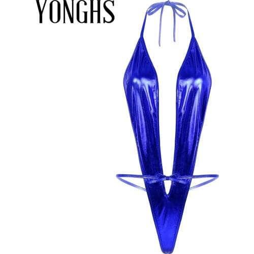 Womens Lingerie Micro Bikini Thongs Bodysuit Shiny Metallic Patent Leather Sexy Swimsuit Halter Neck Lace-up Leotard Swimwear